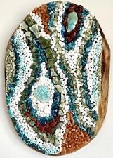 Handmade Mixed Media Mosaic Wall Art, Natural Stone, Glass, Blue, Rust, White