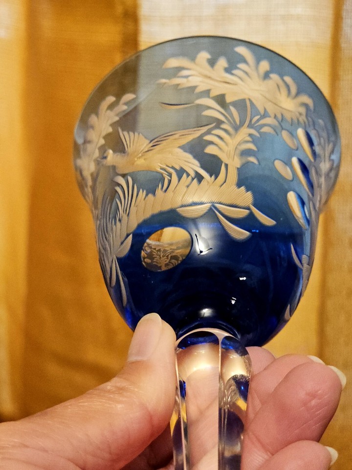 Cut to Clear Crystal Wine Glasses Bohemian??? Rare Hunting Scene Set Of