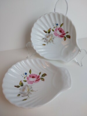 Royal Worcester Porcelain Shell Shaped (2pc) Dishes Pink White Rose Blue Flowers