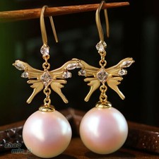 Gold Tone Butterfly Earring Rhinestone Pearl Drop Dangle Earrings Gifts Jewelry
