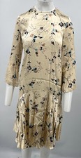 Ganni Beige Satin Long Sleeve Floral Print A-Line Dress sz 34