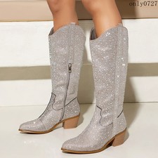 Rhinestone Womens Side Zip Mid Block Heel Cowgirl Mid Calf Boots Shoes Winter