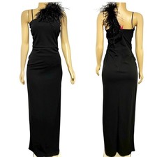 Windsor Black Feather Trim One Shoulder Maxi Dress Formal Gown Prom Glam Size L