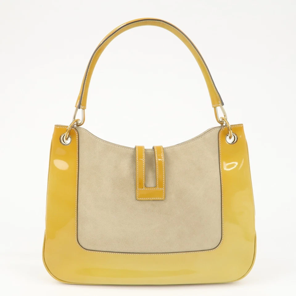 GUCCI лакированная кожа замши наплечная сумка желтый бежевый 001.4149 подлинный б/у F/S - Изображение 2 из 4