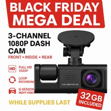 3-Lens 1080P Dash Cam w/ 32GB Card | Front+Rear+Inside, Night Vision, G-Sensor