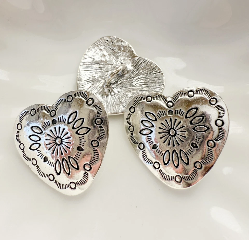 3PC Antiqued Silver Heart Metal Buttons Sewing Button Shank Native American Conc - Image 3 of 3