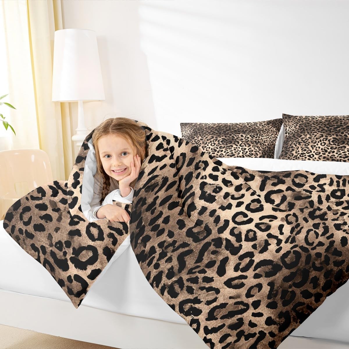 Leopard Print Comforter Set King Size,Black Brown Bedding Set 3pcs for Kids G...