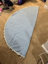 70 Inch Round Light Blue/Linen Blend Tassel Tablecloth Mamma Mia Style