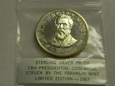 1967 Franklin Mint Rutherford Hayes .925 Sterling Silver Proof Coin - Medal