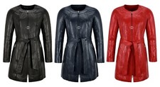 Woman's Elegant Collarless Coat Real Leather Knee Length Tie Belt Jacket
