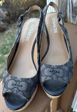 Coach Women' Black Gray Ferry Logo Platform Wedge Cork Sandals Slingback SZ 8