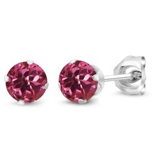 0.48 Ct Round 4mm Pink Tourmaline Gemstone 925 Sterling Silver Stud Earrings