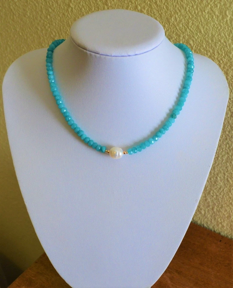 Handmade Faceted Blue Paraiba Tourmaline Pearl Yellow Gold Choker Necklace - Image 2 of 4