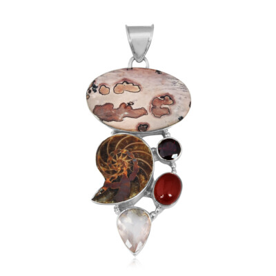 Artisan Crafted Sterling Silver Ammonite,CoffebeanJasper, Garnet,Jewelry pendant