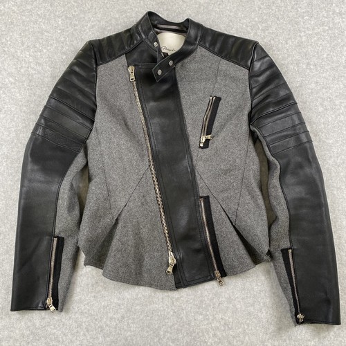 3.1 Phillip Lim Moto Jacket Womens Size 2 Gray / Black Wool Blend Calf Leather