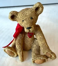 Kurt S. Adler Sitting Antique Bear Resin Figurine 3" Fabric Bow Red Heart