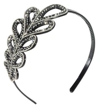  VINTAGE HOLLYWOOD STARLET SILVER LEAF DESIGN ON BLACK HEADBAND ROARING 20's