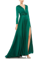 Mac Duggal Ieena 55245 Long Sleeve Ruched Waist A-Line Gown Emerald Size 12