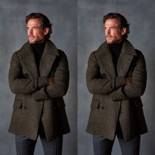 Brown Houndstooth Men's Overcoat Wool Blend Winter Warm Outdoor Long Jacket
