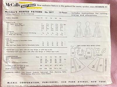Vtg 1954 McCalls # 9877 Size 14 Bust 32 Fit & Flare Dress Sewing Pattern ~  Used | eBay