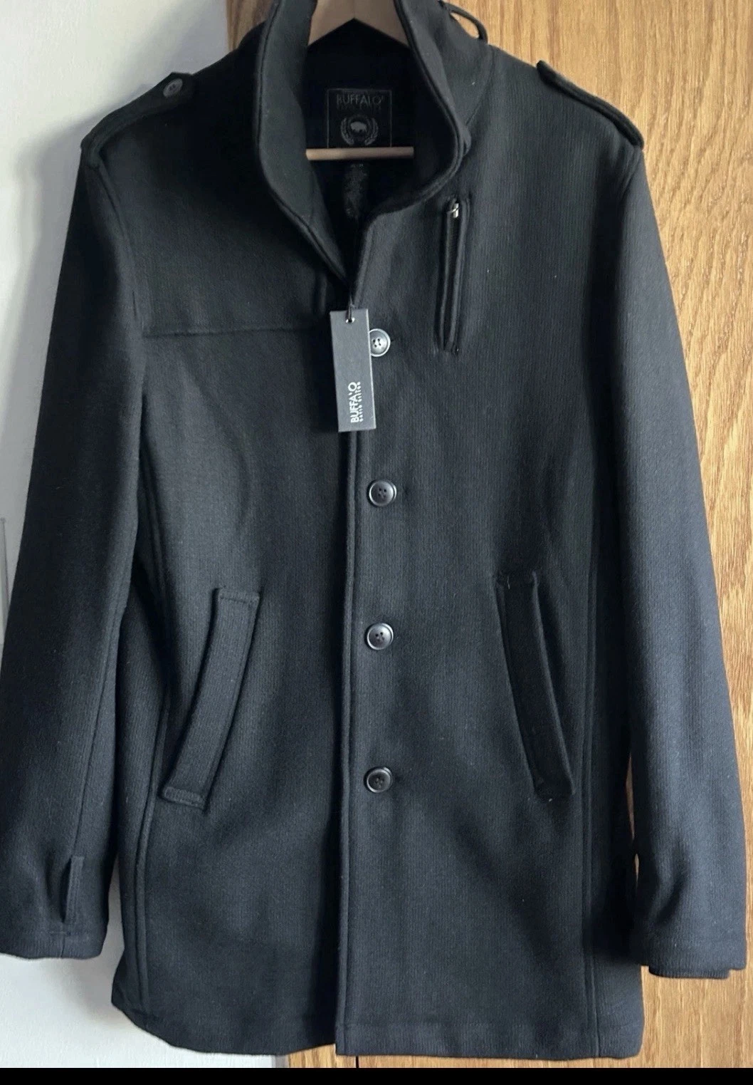 Buffalo Men's Button Front Bib Chest Pocket Lapel Wool Coat Jacket Black M 36x32 image 4