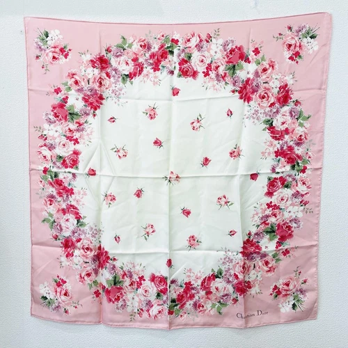 Foulard Christian Dior 78 cm 30" carré soie fleur rose