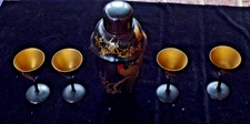 Vintage Mid Century Rooster Lacquer Wood Cocktail Shaker  + 4 Glasses