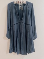 Free People Go Lightly Swing Mini Dress Deep Neck BLUE Dolman Sleeve Small