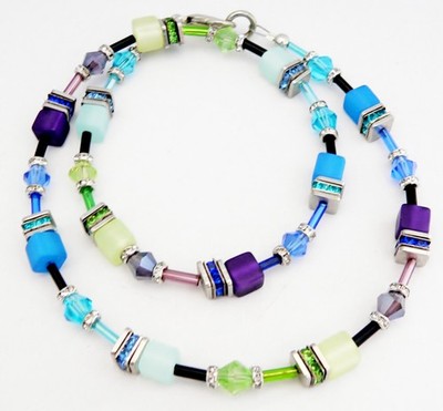 Halskette Würfel  Cube Kristall Glas Cateye Polaris Lila, mint, Blau Strass 500d