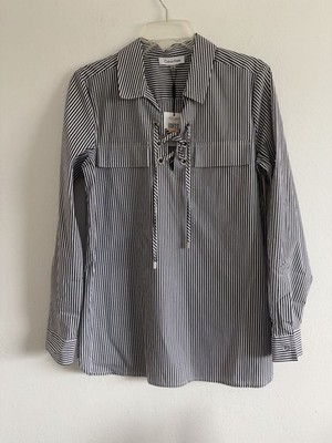 Calvin Klein Grey Black Striped Tie Neck Long Sleeve Blouse Size S