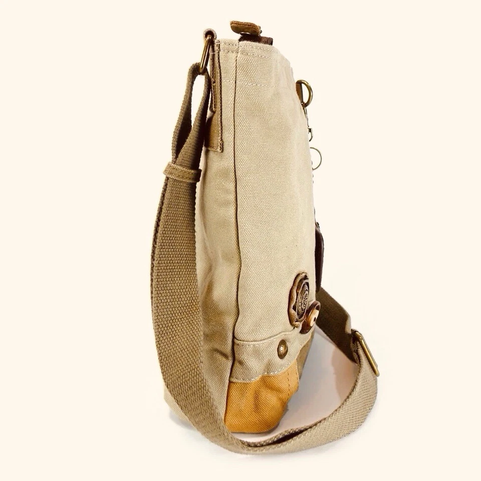 Chala Lazzy Cat Patch Crossbody Handbag Canvas Messenger Bag Kitten Khaki Purse - Image 4 of 4