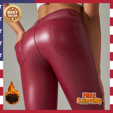 Women Faux PU Leather Leggings Butt Lift Skinny Pants Trousers Stretch