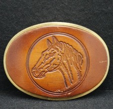 WF05126 NOS COOL VINTAGE 1970s HORSE HEAD ANIMAL ARTWORK LEATHER BELT BUCKLE