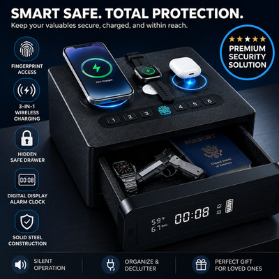 Quick-Access Fingerprint Biometric Smart Safe Box with 3-in-1 Wireless Charging