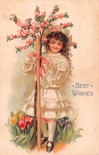 1908 Best Wishes Postcard of Pretty Little Girl Tying Tree to Support by Tulips