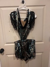 Art Stone Dance Child XL One Piece Black  Blue Sequin with Fringe Jazz Costume
