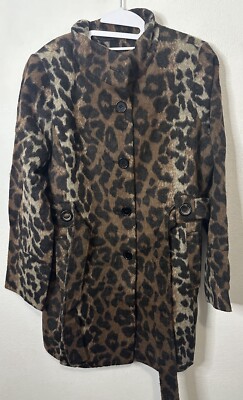 Centigrade Wool Blend Funnel Neck Coat with Self-tie Belt Animal Print Sz Large