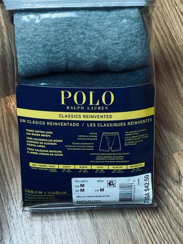 3 GENUINE RALPH LAUREN POLO BLACK GRAY COTTON LONG LEG BOXER BRIEFS MEDIUM NEW - 第 6/12 張圖片