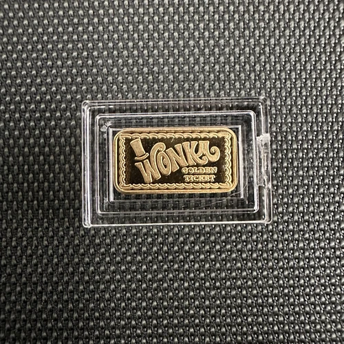 "WONKA GOLDEN TICKET"  1 Gram 999 Silver Bullion Bar In Capsule - 24k Gold Plate