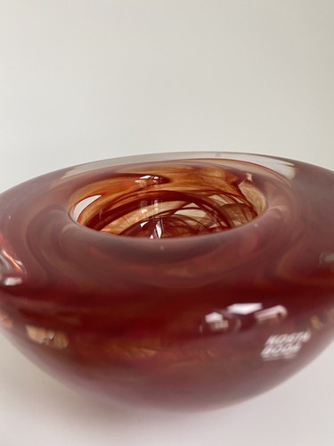 Bright Kosta Boda Red Swirl Art Glass Bowl Tealight Candle Holder Dish Marked - Picture 7 of 8