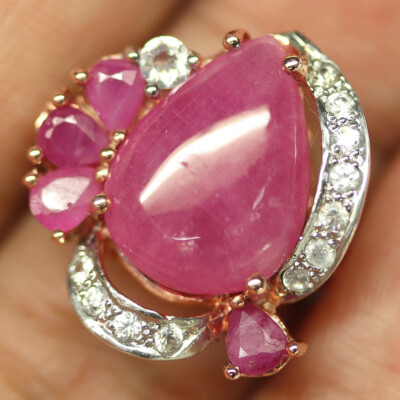Pink Ruby Ring 925 Sterling Silver Gold Plated Zircon Teardrop