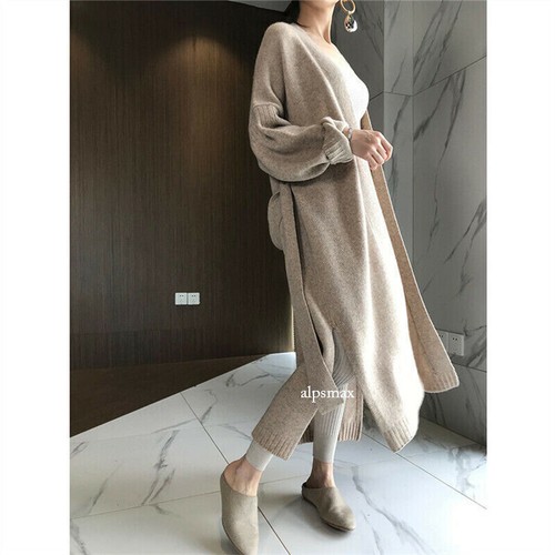 Women Cashmere Blend Solid Color Knitted Cardigan Long Belt Outwear Sweater Coat - Picture 10 of 18