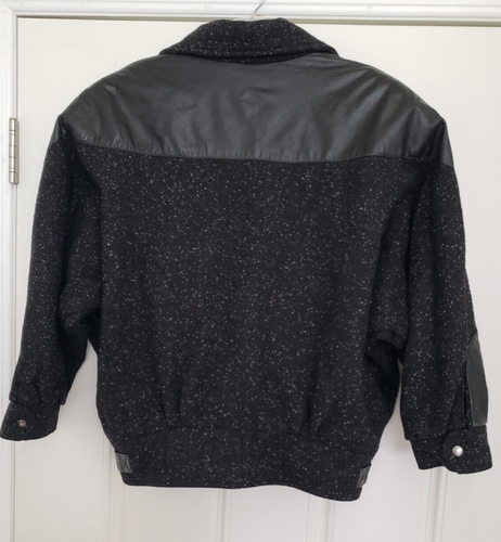 VTG David Benjamin Jacket Women 7 Black Leather Wool Tweed L/S Full Zip Bomber - Picture 11 of 12