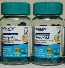 2 Pack Equate Sleep Aid Softgels Max Strength 100 Ct each Diphenhydramine HCI