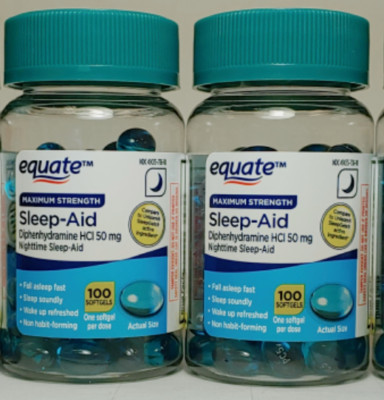 2 Pack Equate Sleep Aid Softgels Max Strength 100 Ct ea Diphenhydramine HCI 7/28