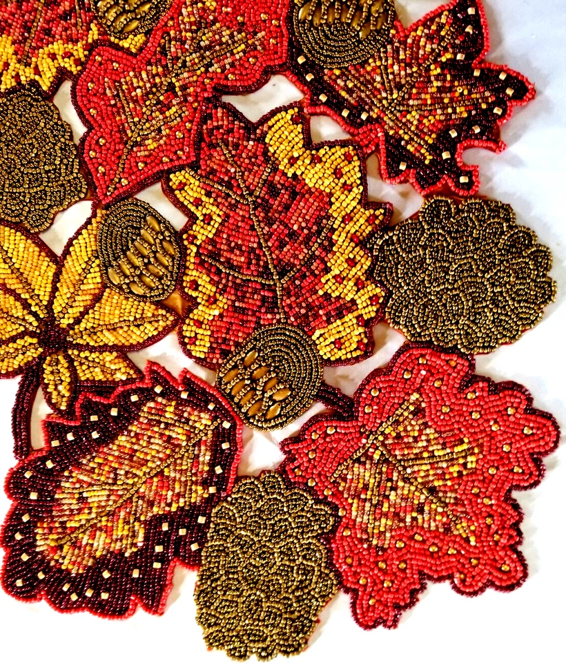 Beaded Table Runner 36x13" Autumn Flowers Thanksgiving Floral India Hand Crafted - Image 3 of 4