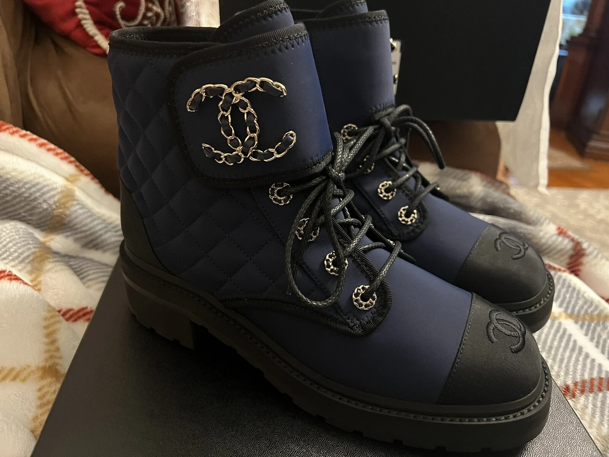 CHANEL BRAVE BLUE COMBAT ANKLE LACE UP BOOT