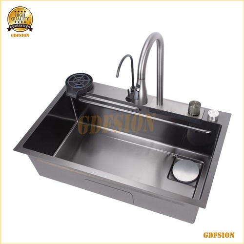 29.5'' Flying Rain Stainles Steel Watefall Kitchen Sink w/ PullDown Faucet Black - Picture 11 of 19