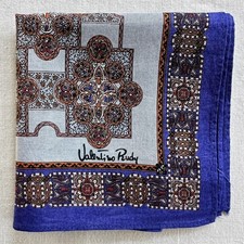 VTG Blue Cotton Handkerchief Geometric Medallion Frame Print Pocket Square 17" G
