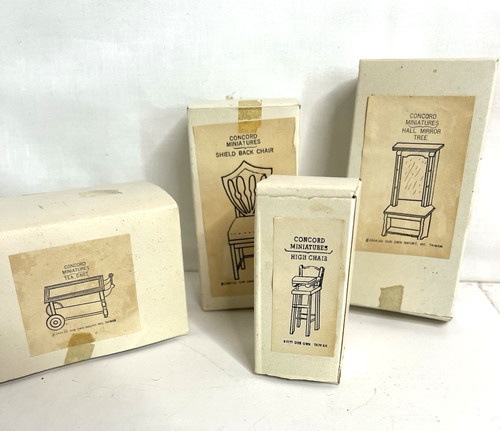 4 Vtg. Concord 1:12 Dollhouse Furniture Tea Cart Hi. Chair Hall Tree Chair